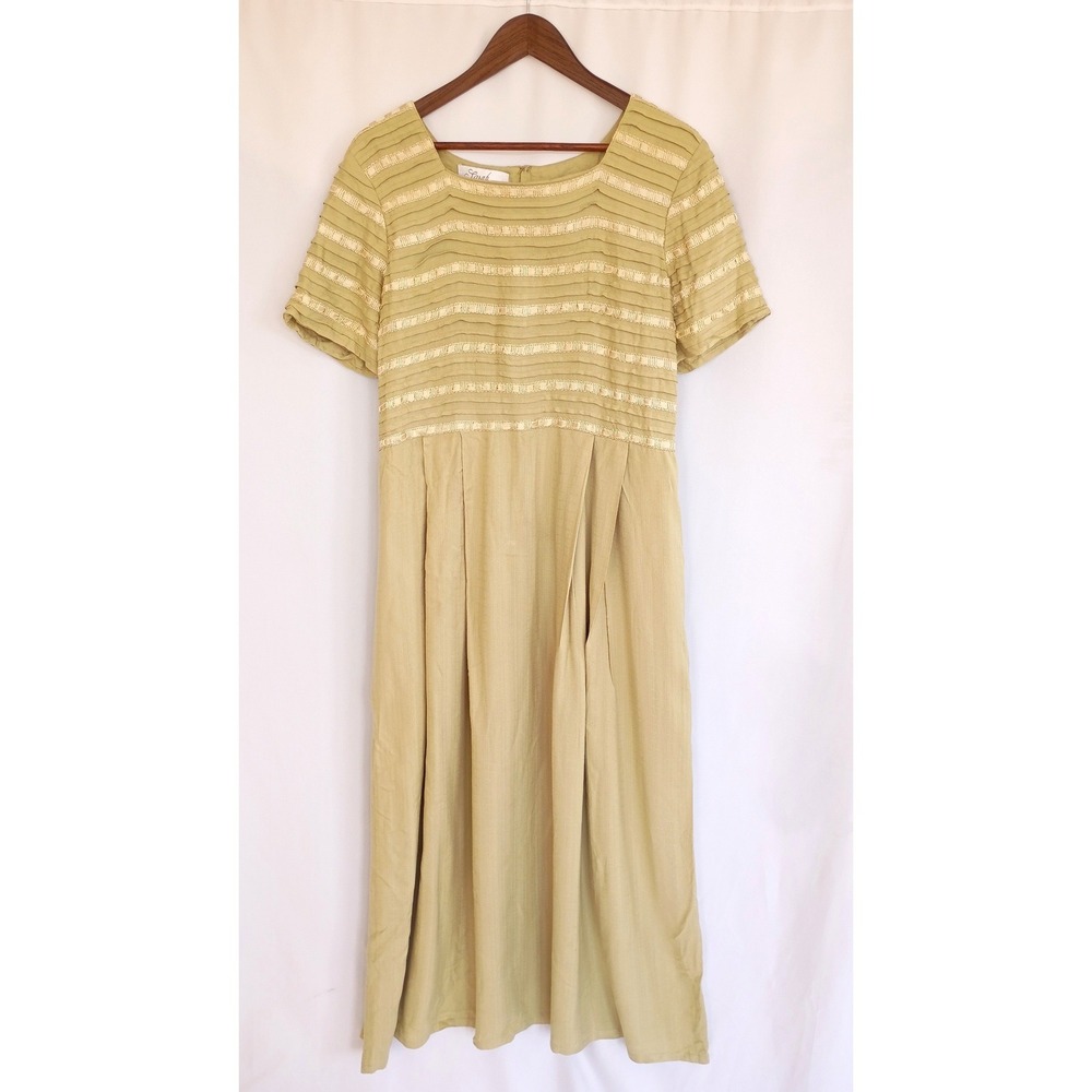 Sarah Elizabeth Vintage Green Rayon Pleated Ribbon Trim Midi Dress Size 16